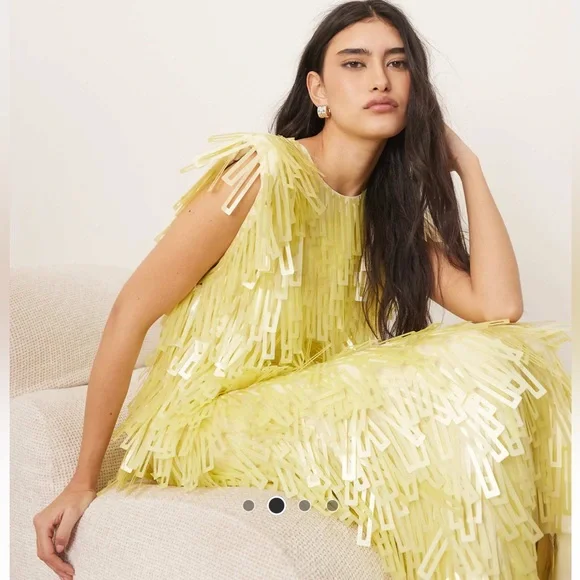 ASOS ARRANGE Embellished Geo Sequin Shoulder Pad Midi Dress Lemon NWT Size US 6 ASOS ARRANGE Embellished Geo Sequin Shoulder Pad Midi Dress Lemon NWT Size US 6